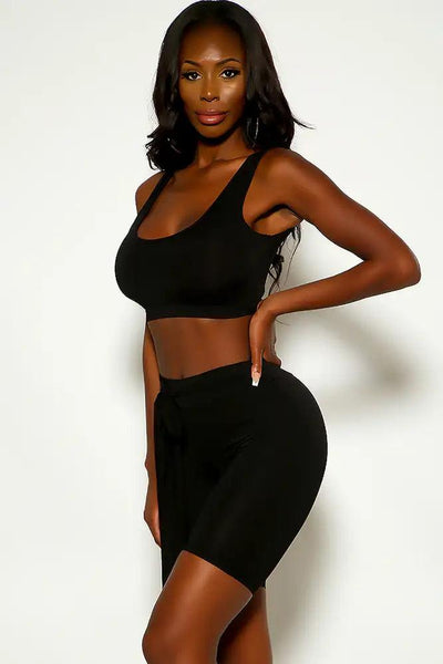 Black Sleeveless Belted Two Piece outfit - AMIClubwear