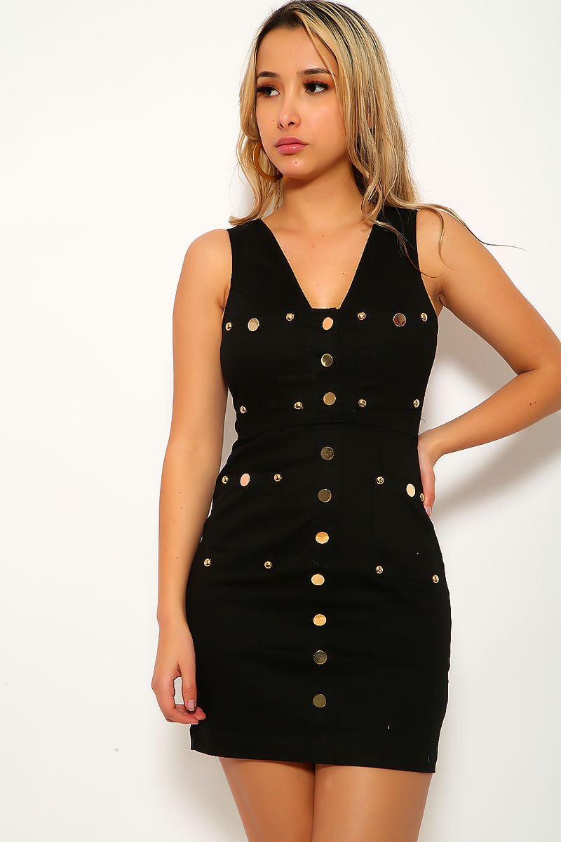 Black Sleeveless Button Accent Party Dress - AMIClubwear
