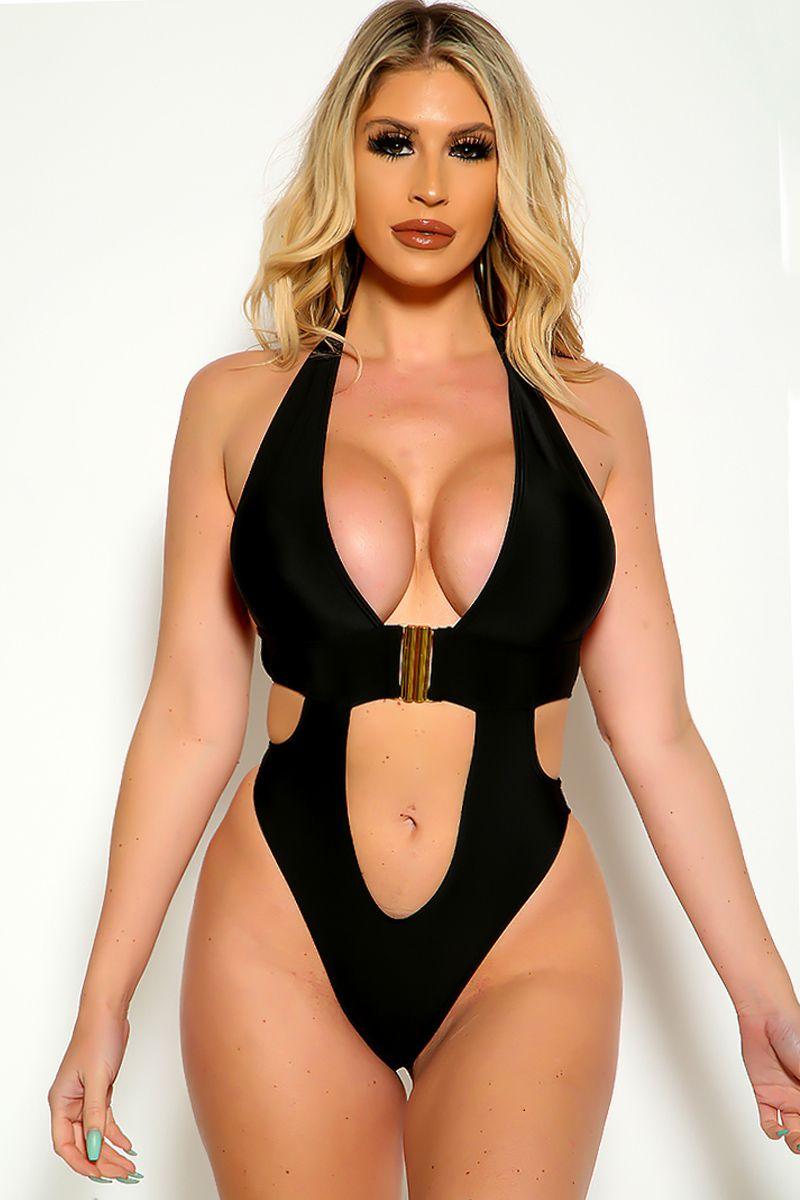 Black Sleeveless Cut Out High Polish Buckle One Piece Swimsuit - AMIClubwear