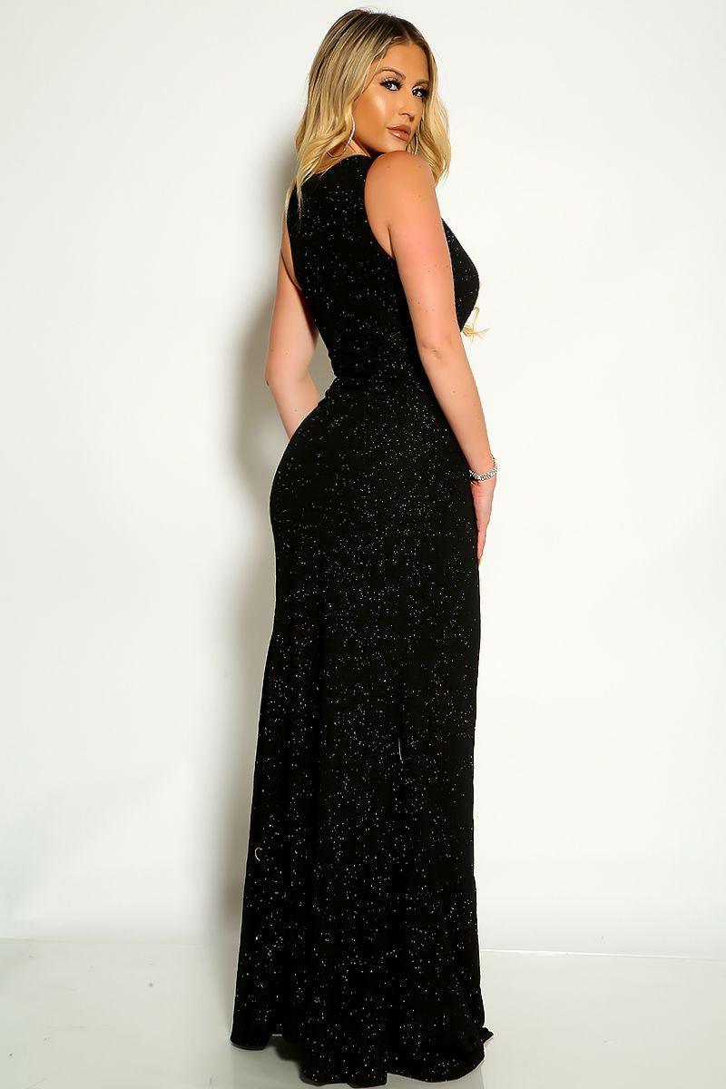Black Sleeveless Glittered Draped Detail Slit Maxi dress - AMIClubwear