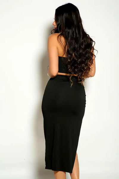 Black Sleeveless Halter Cropped Ruched Side Slit Two Piece Dress - AMIClubwear