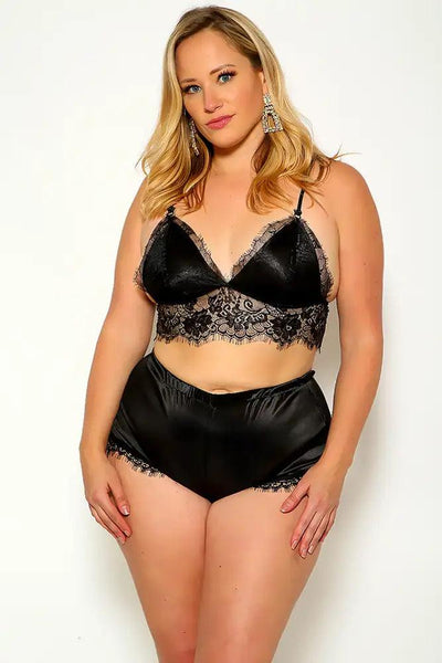 Black Sleeveless Lace Embroidered Two Piece Plus Size Intimate Set - AMIClubwear