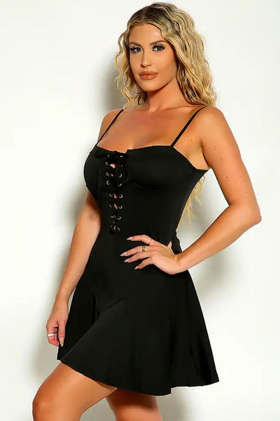 Black Sleeveless Lace Up A-Line Party Dress - AMIClubwear