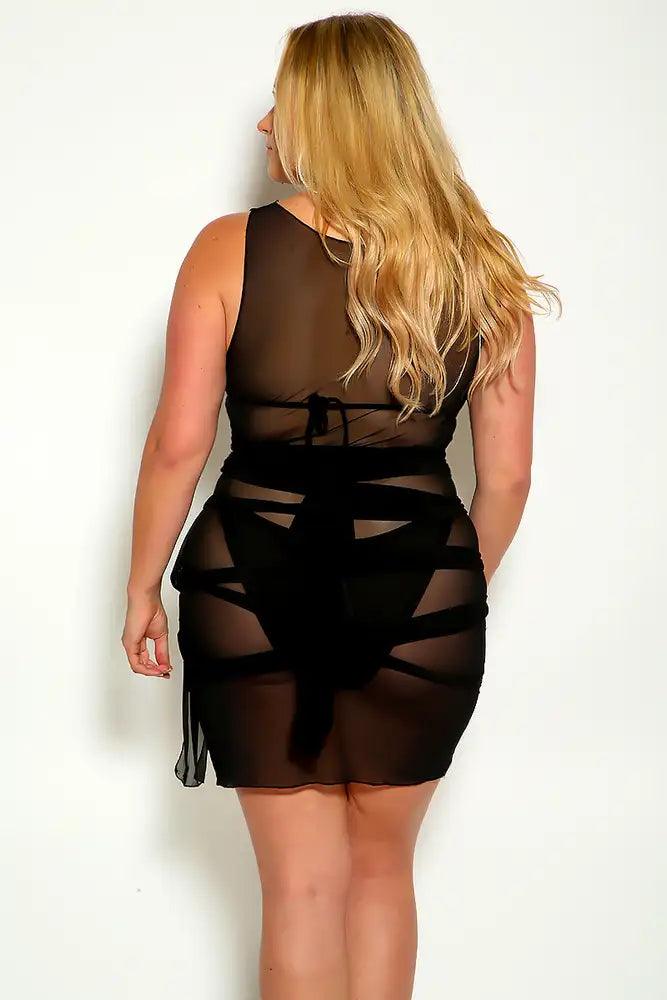 Black Sleeveless Mesh Strappy Wrap around Detail Plus Size Party Dress - AMIClubwear