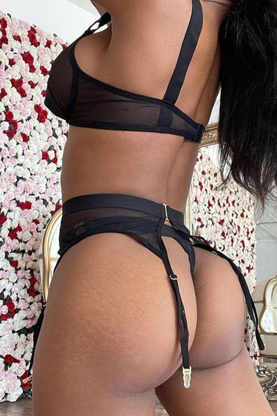 Black Sleeveless O-ring Detail Mesh Strappy Three Piece Lingerie - AMIClubwear