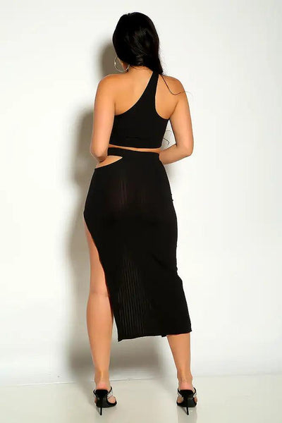 Black Sleeveless One Shoulder Ribbed Cropped Side Slit Two Piece Dress - AMIClubwear