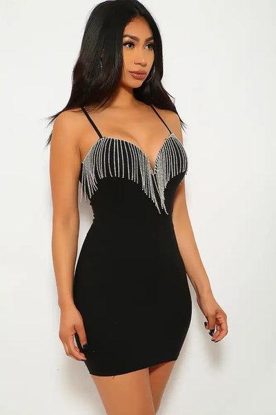 Black Sleeveless Rhinestone Fringe Party Dress - AMIClubwear