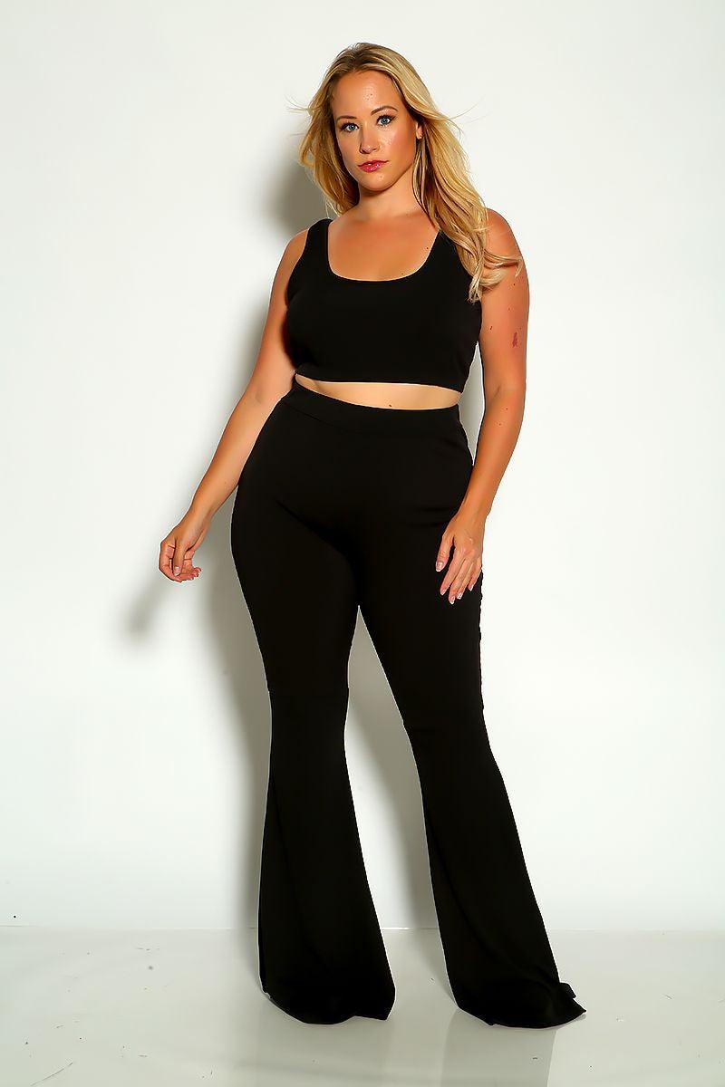 Black Sleeveless Ribbed Cropped Flared Plus Size Two Piece Outfit - AMIClubwear