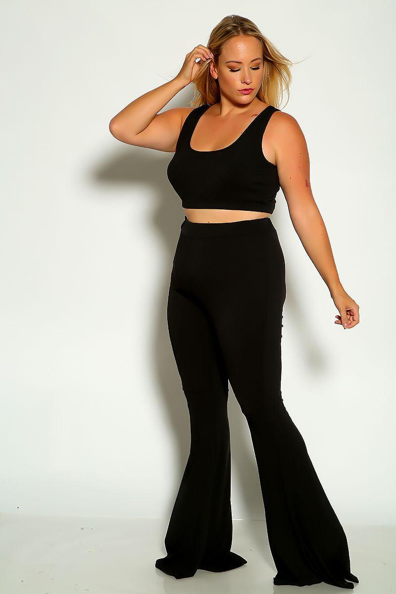 Black Sleeveless Ribbed Cropped Flared Plus Size Two Piece Outfit - AMIClubwear