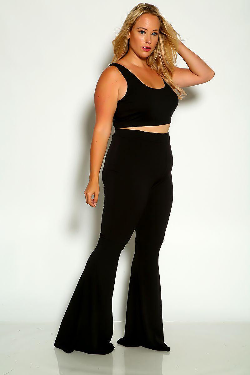Black Sleeveless Ribbed Cropped Flared Plus Size Two Piece Outfit - AMIClubwear