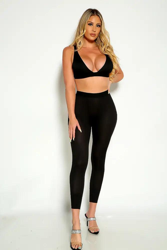 Black Sleeveless Ribbed Cropped Two Piece Outfit - AMIClubwear