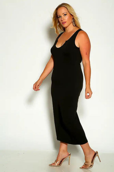 Black Sleeveless Ribbed Midi Plus Size Dress - AMIClubwear