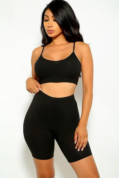 Black Sleeveless Ribbed Two Piece Outfit - AMIClubwear