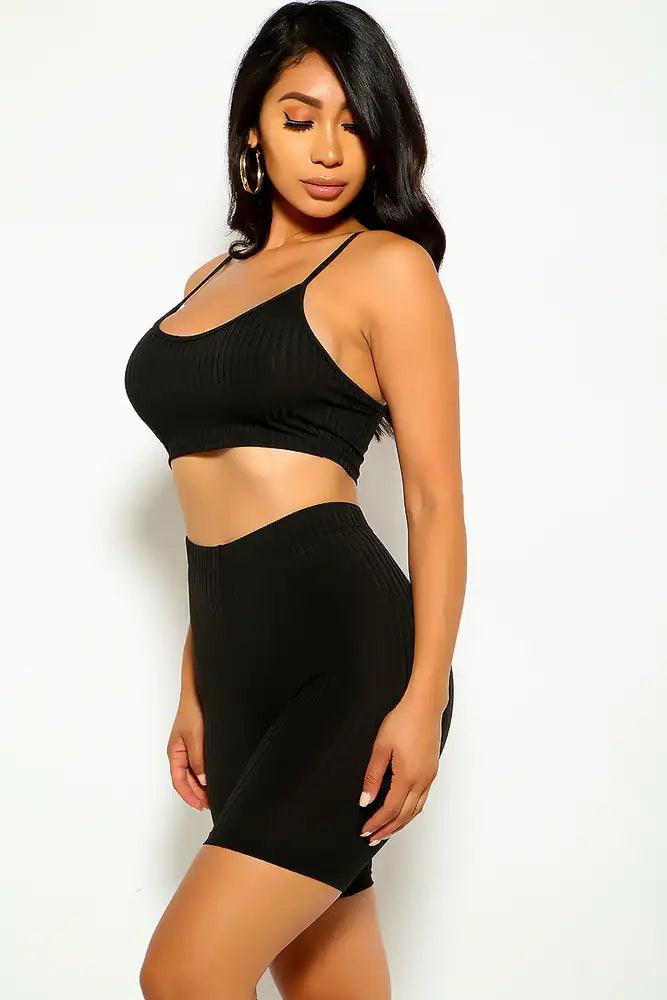 Black Sleeveless Ribbed Two Piece Outfit - AMIClubwear