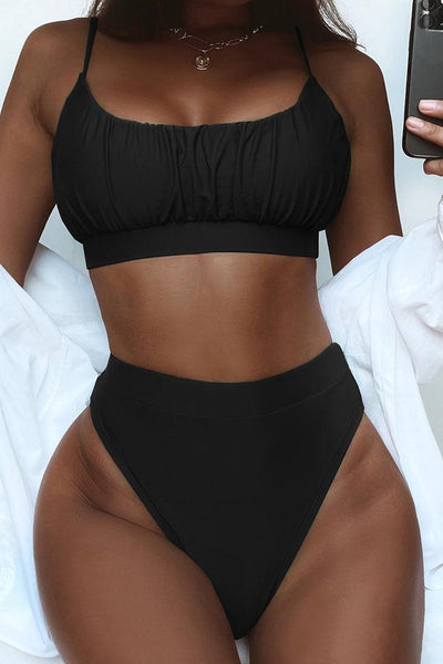 Black Sleeveless Ruched Mid Rise Two Piece Swimsuit - AMIClubwear