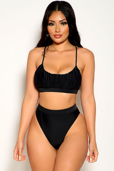 Black Sleeveless Ruched Mid Rise Two Piece Swimsuit - AMIClubwear