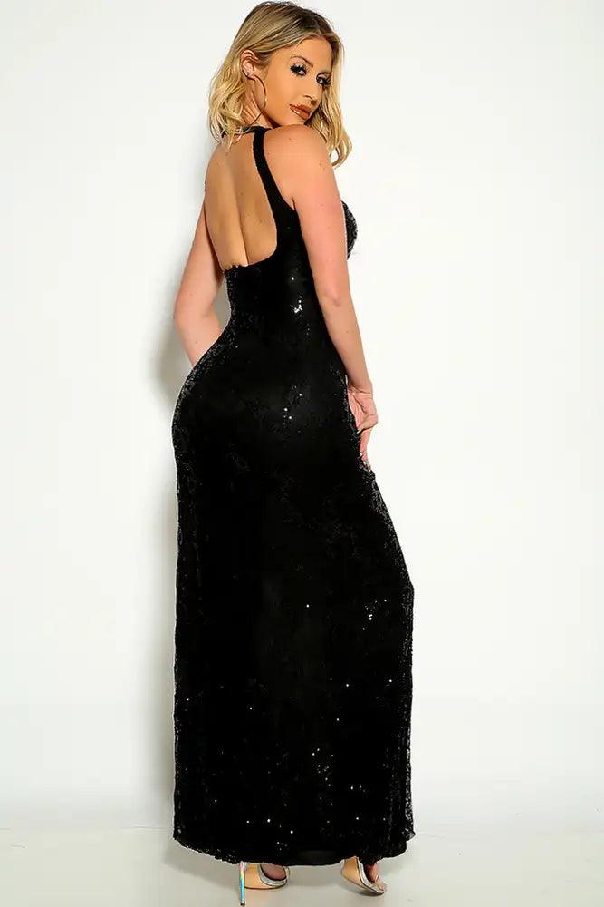 Black Sleeveless Sequin Side Slit Party Dress - AMIClubwear