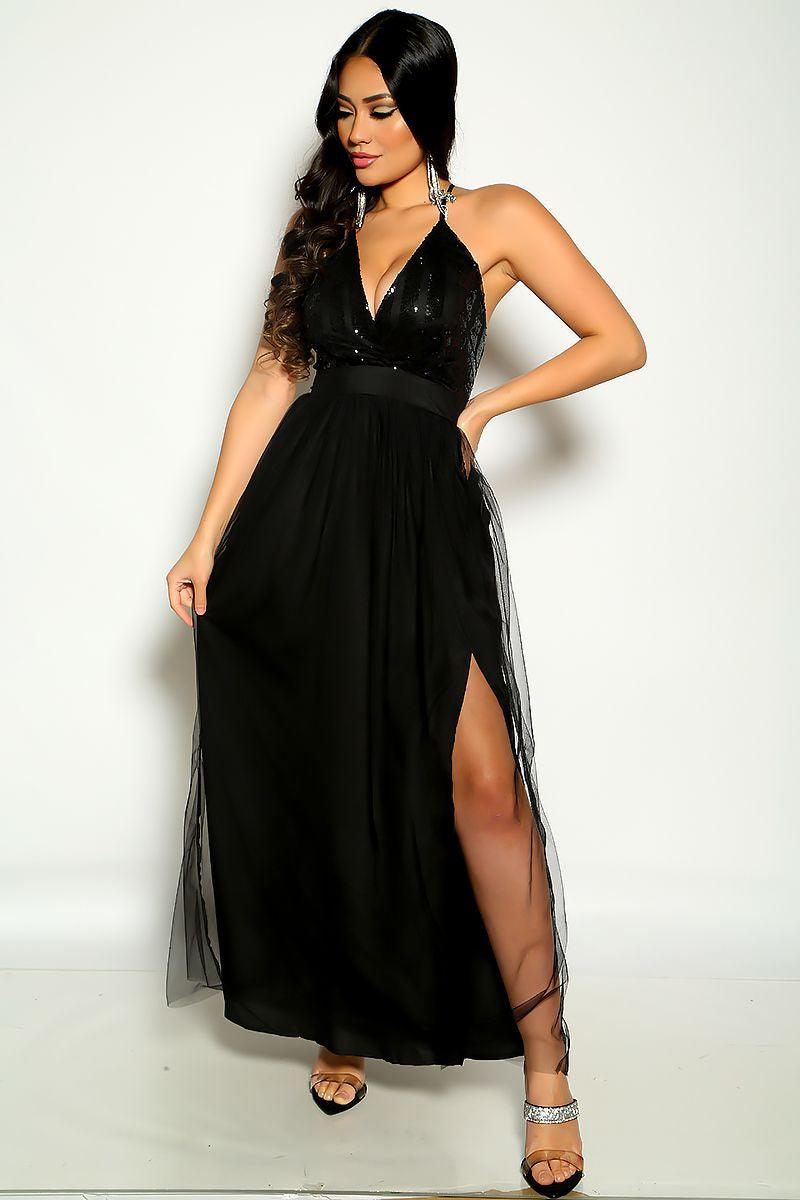 Black Sleeveless Sequins Tulle Taxi Party Dress - AMIClubwear