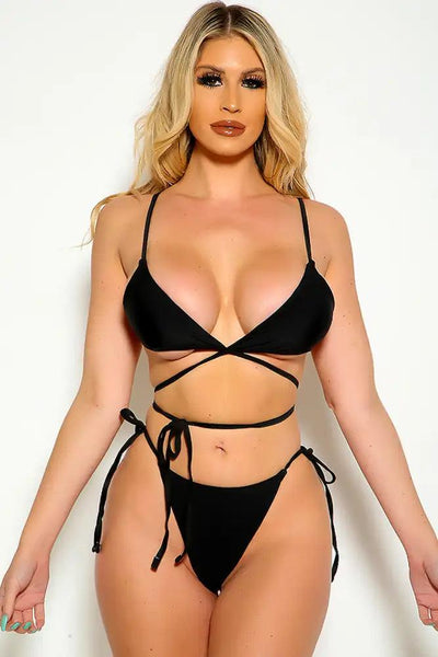 Black Sleeveless Strappy Mesh Skirt Cover Up Three Piece Swimsuit - AMIClubwear