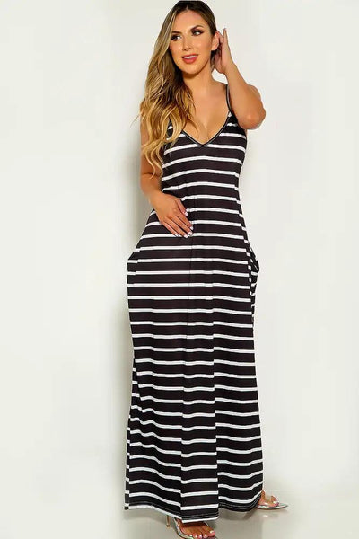 Black Sleeveless Striped Maxi dress - AMIClubwear