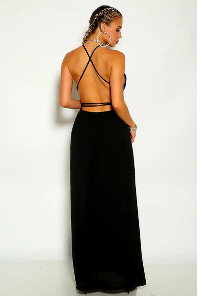 Black Sleeveless V-Cut Belted Maxi Party Dress - AMIClubwear