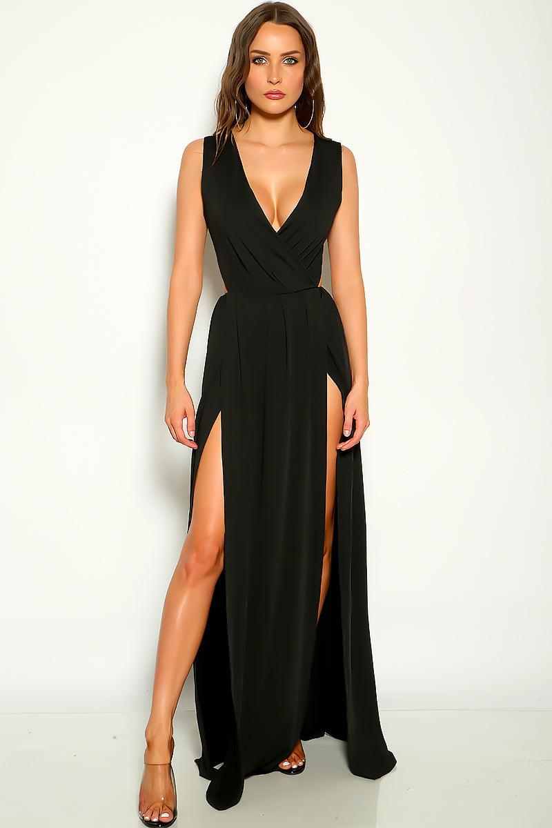 Black Sleeveless V-Cut High Slits Maxi Dress - AMIClubwear