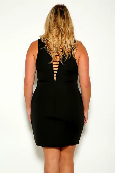 Black Sleeveless V-Cut Strappy Plus Size Party Dress - AMIClubwear