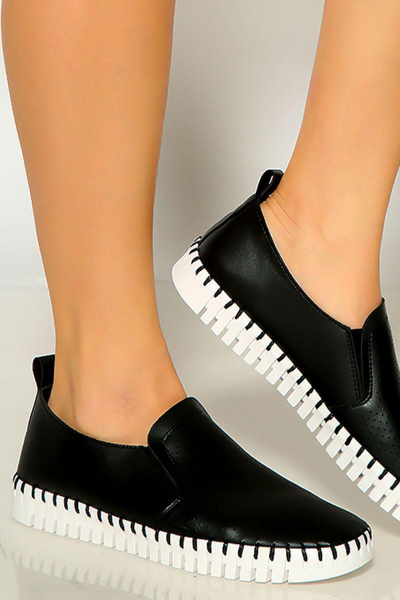 Black Slip On Perforated Flat Sneakers - AMIClubwear