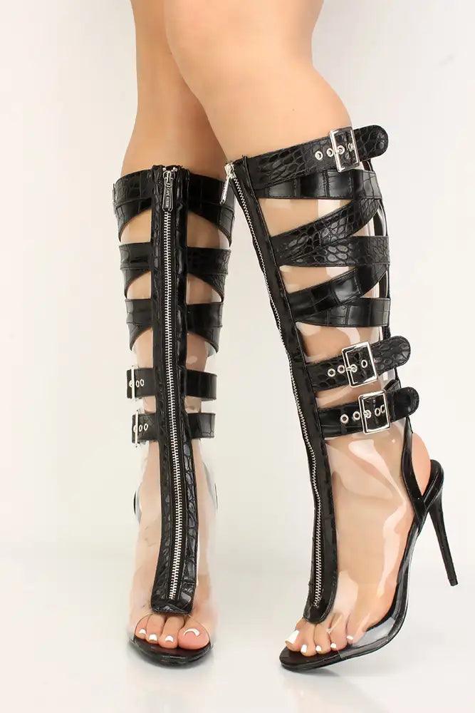 Black Snake Clear Strappy Buckle High Heel Boots - AMIClubwear