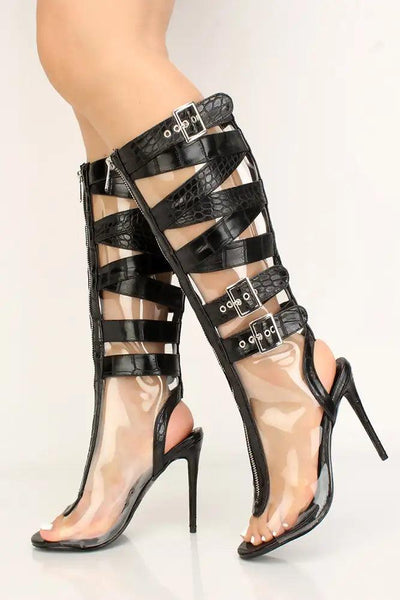 Black Snake Clear Strappy Buckle High Heel Boots - AMIClubwear