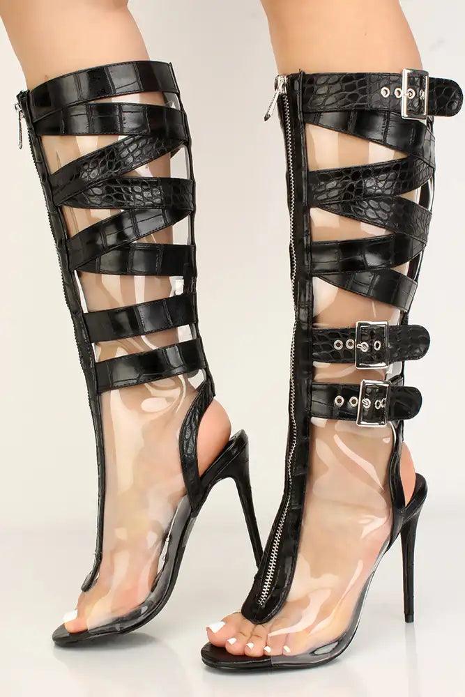 Black Snake Clear Strappy Buckle High Heel Boots - AMIClubwear