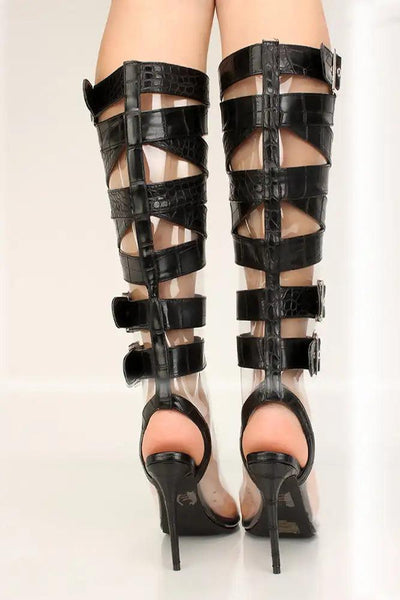 Black Snake Clear Strappy Buckle High Heel Boots - AMIClubwear