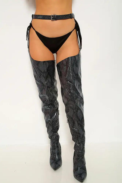 Black Snake Print Belted Thigh High Heel Chap Boots - AMIClubwear