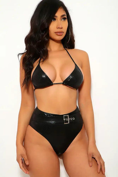 Black Snake Print Belted Two Piece Swimsuit - AMIClubwear