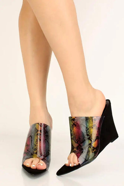 Black Snake Print Clear Faux Suede Wedges - AMIClubwear