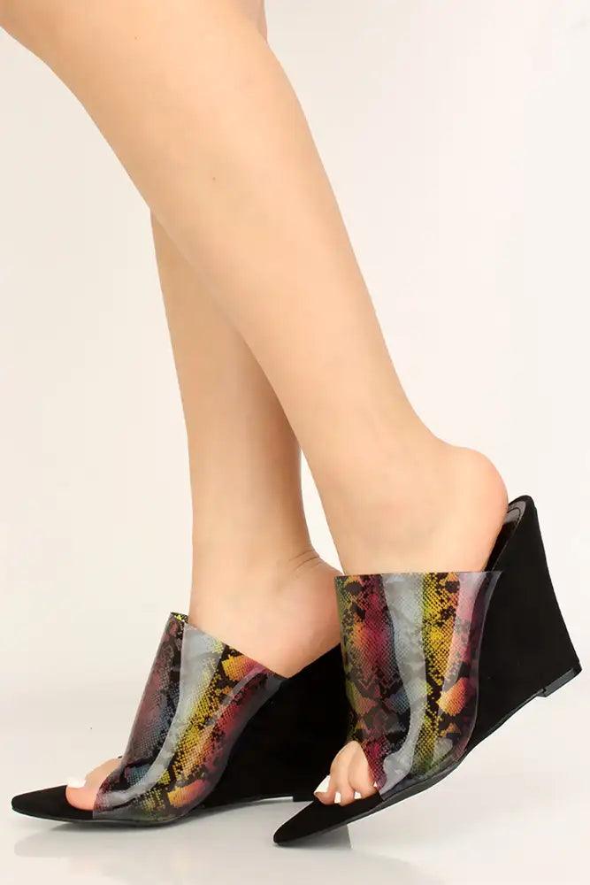 Black Snake Print Clear Faux Suede Wedges - AMIClubwear