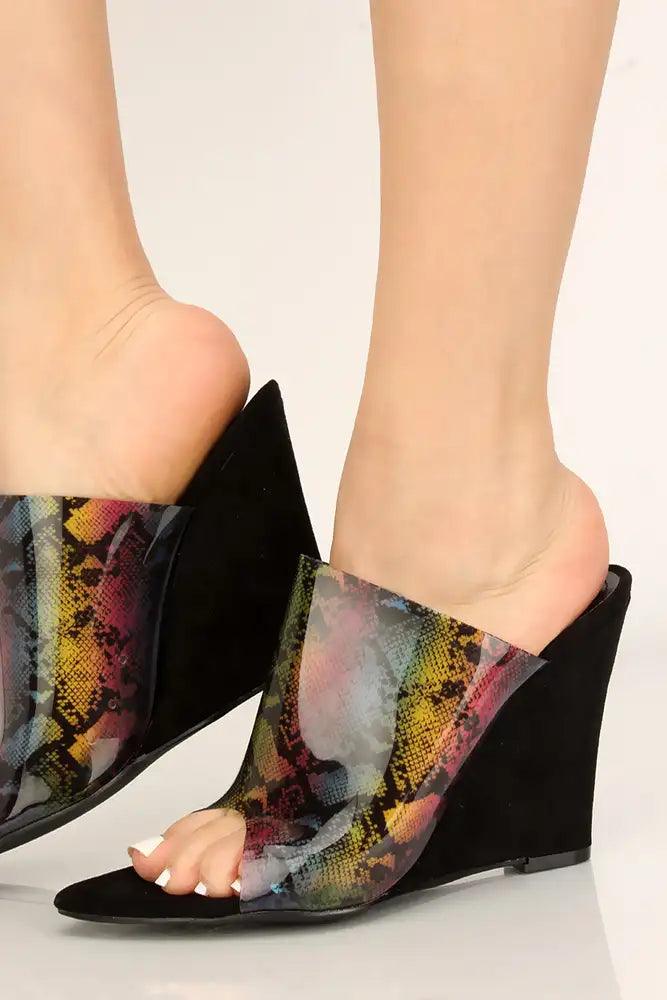 Black Snake Print Clear Faux Suede Wedges - AMIClubwear