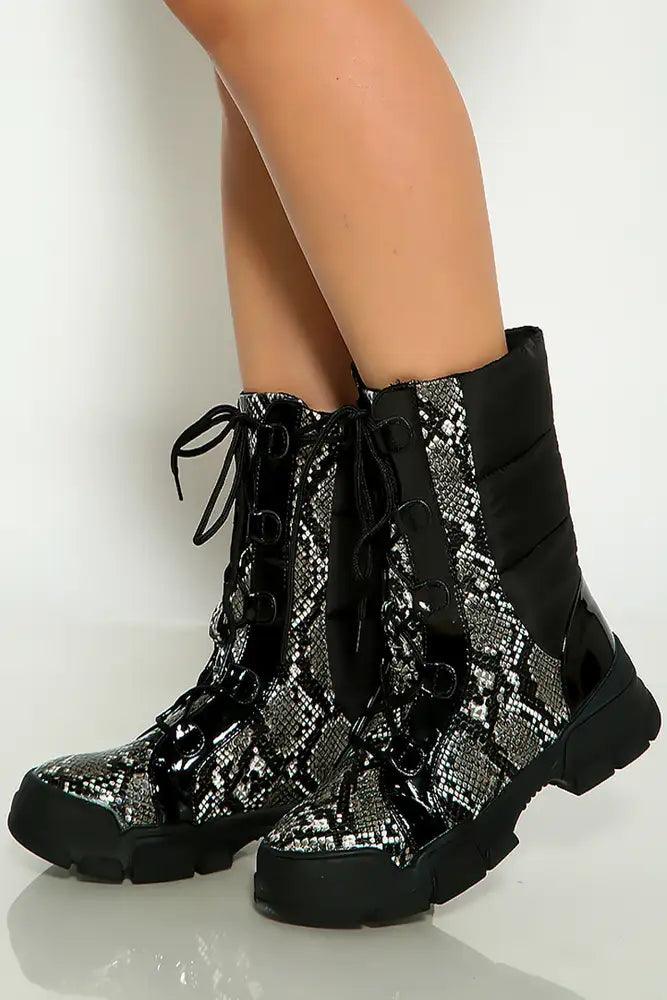 Black Snake Print Lace Up Combat Boots - AMIClubwear