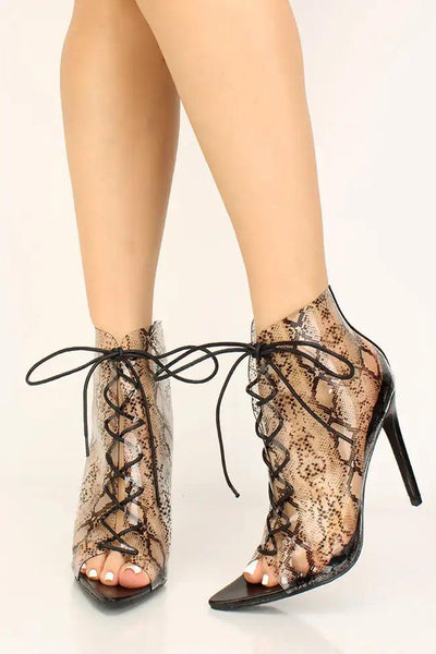 Black Snake Print Lace Up Peep Toe High Heels - AMIClubwear