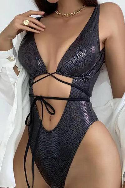 Black Snake Print Metallic Sleeveless Strappy Wrap Around One Piece Sexy Swimsuit - AMIClubwear