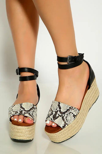 Black Snake Print Wrap Around Ankle STrap Espadrille Wedges - AMIClubwear