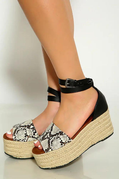 Black Snake Print Wrap Around Ankle STrap Espadrille Wedges - AMIClubwear