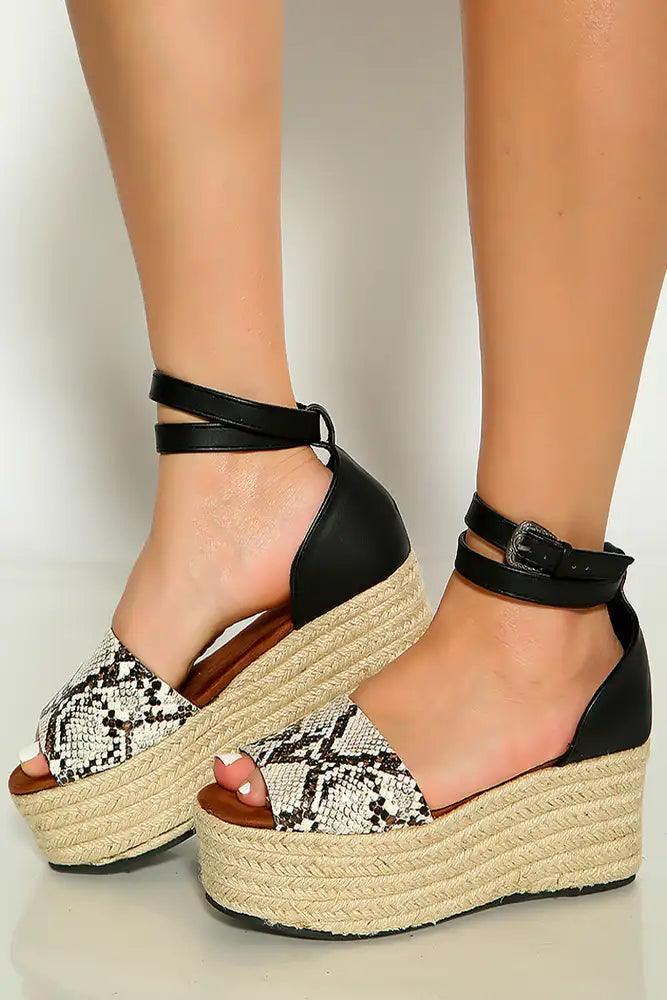 Black Snake Print Wrap Around Ankle STrap Espadrille Wedges - AMIClubwear