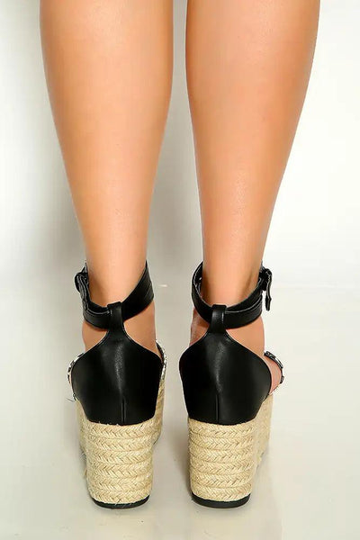 Black Snake Print Wrap Around Ankle STrap Espadrille Wedges - AMIClubwear