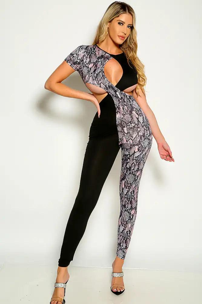 Black Snake Short Sleeve Cross Cut Out Detail Fitted Jumpsuit - AMIClubwear