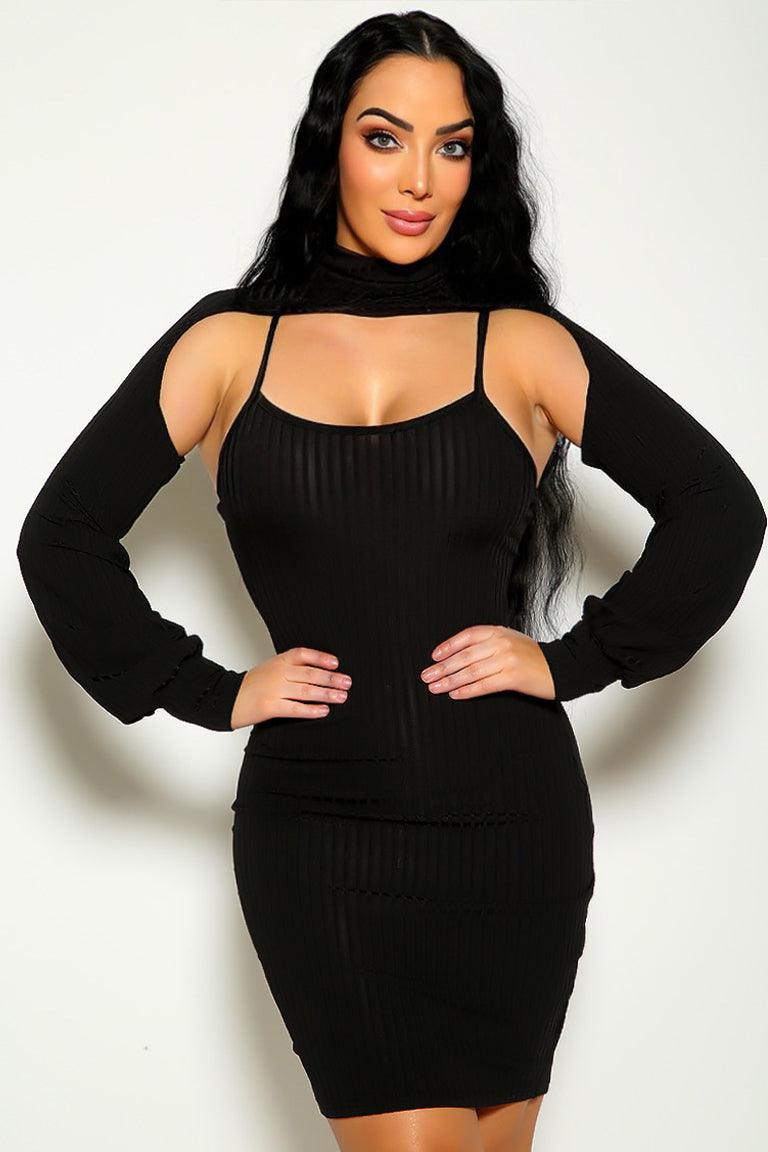 Black Solid Turtleneck Shawl Long Sleeve 2 Pc Dress - AMIClubwear