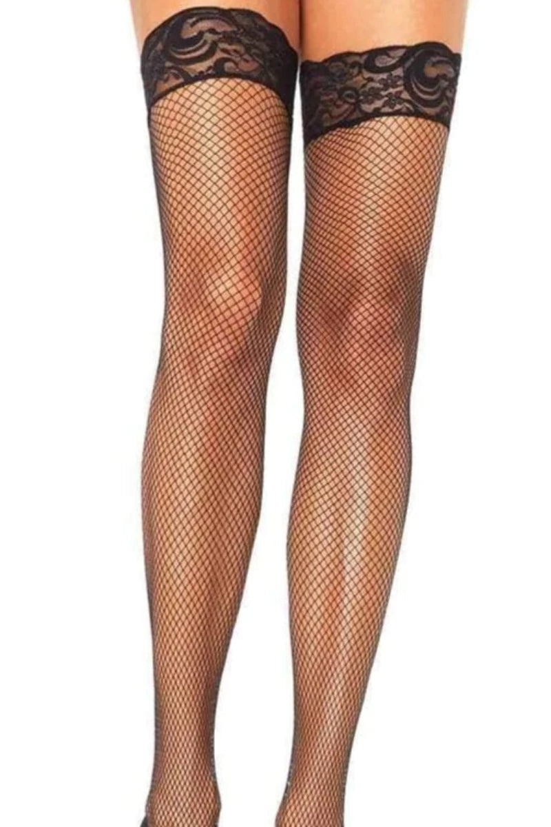 Black Spandex Fishnet Lace Top Plus Size Thigh Highs - AMIClubwear