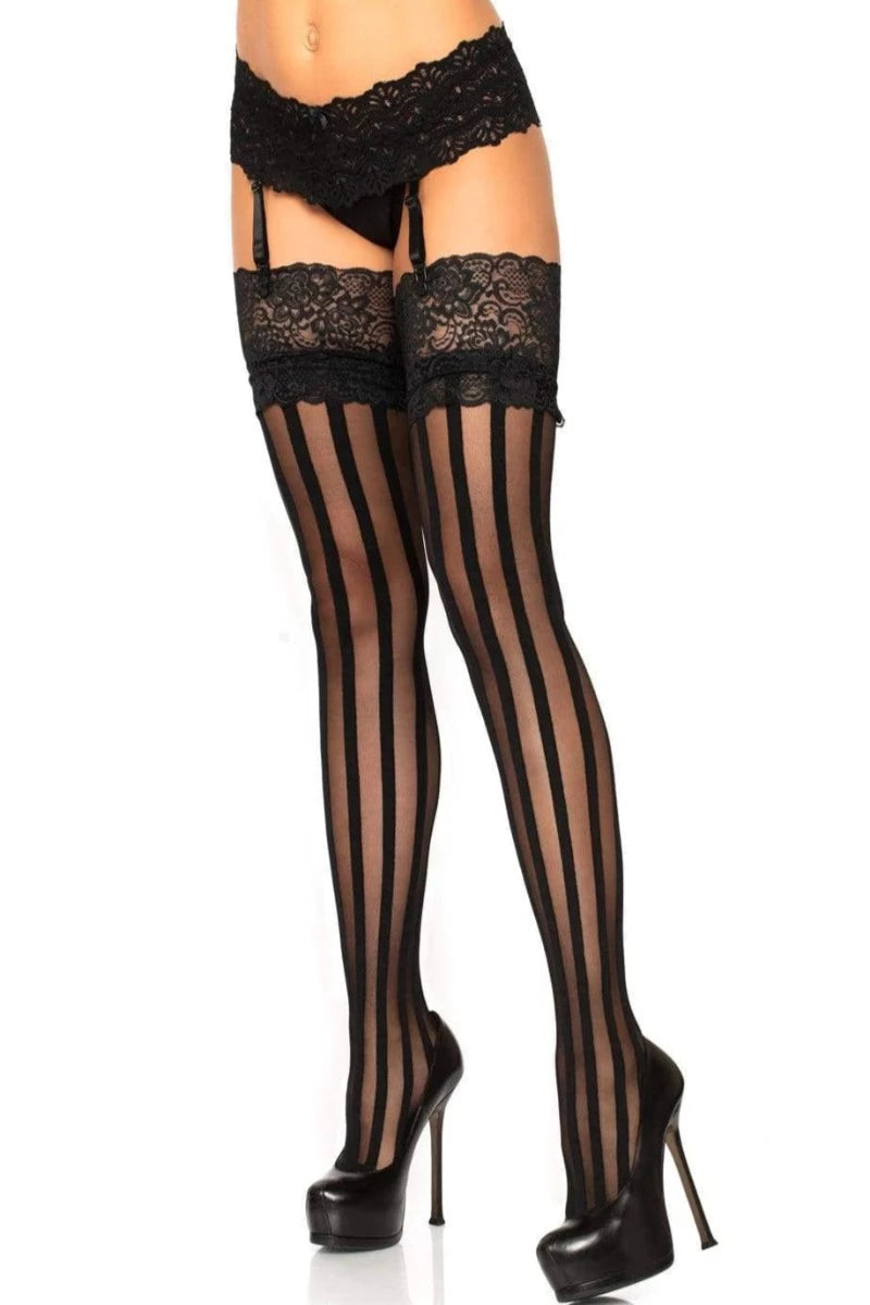 Black Spandex Striped Lace Top Stockings - AMIClubwear