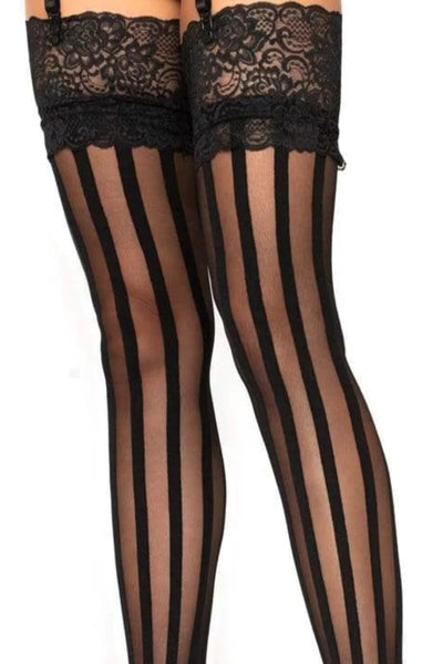 Black Spandex Striped Lace Top Stockings - AMIClubwear