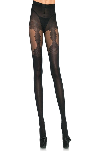Black Spandex Woven Floral Garter Detail Tights - AMIClubwear